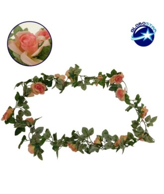 GloboStar® 09006 Τεχνητό Κρεμαστό Φυτό Διακοσμητική Γιρλάντα Μήκους 2 μέτρων με 16 X Μεγάλα Τριαντάφυλλα Ροζ Σομόν